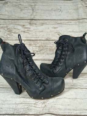 Sixtyseven 67 Black Leather Studded Lace Up Ankle Boots Heel Clog Size EU 39 US